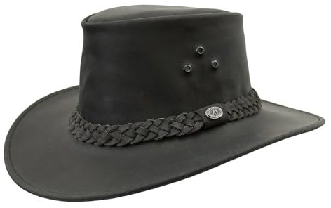 Outbacker Cowboy Leder-Hut aus robustem Leder in den Farben braun und schwarz Größe S, M und XXL Farbe schwarz, Größe S I 54-55 cm