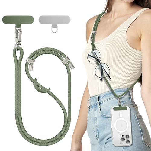 SURPHY Cuerda para Móvil, Cordón de Correa Colgante con 2 Parches Duraderos | Correas Ajustable para Cuello, Cadena Multifuncional Compatible con la Mayoría Fundas,Rosa y Morado,Verde militar