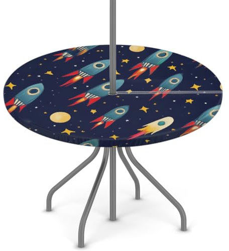Woltant Tovaglia rotonda con foro per ombrellone e cerniera, facile da pulire, con bordi elastici, protezione per tavolo da esterno, per giardino, patio, barbecue (astronavi stellate)
