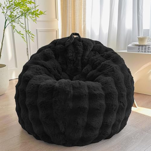 LIFEREVO 3FT Fluffy Faux Rabbit Fur Bean Bag Chair Cover, No Filler, Black | Plush 3D Bubble Stuffed Bean Bag Storage for Bedroom Living Room, Decorative Soft Fuzzy Beanbag Cover, Anti-slip & Washable