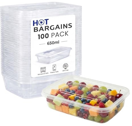 HOT BARGAINS 650ml Rectangular Food Storage Containers with Lids, Pack of 100, BPA-Free Plastic, Microwave and Freezer Safe (100, PLS01, Rectangular, 650, Millilitres)