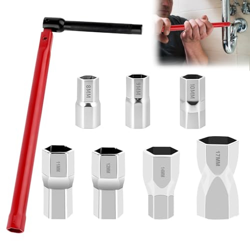 Standhahnschlüssel Set mit 7 Steckschlüsseln, Standhahnmutterschlüssel 8-17mm, Armaturenschlüssel, 270° Rotationsdesign, Werkzeug für Wasserhahn Montage für Waschbeckenarmatur Sanitärinstallationen