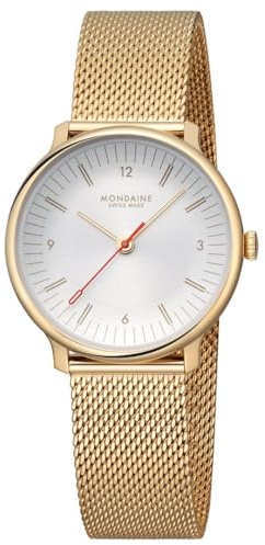 Mondaine Doppio 33 mm schweiziskt kvartsur för män och kvinnor, vintage design, safirkristall med rostfritt stål guld IP nätrem, 5 ATM vattentålig