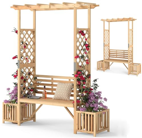 RELAX4LIFE Arco con Panchina da Giardino in Legno, Panchina da Esterno con Pergolato, Fioriera, Grata Laterale per Piante Rampicanti, Sedia Decorativa per 2 Persone per Terrazza, Giardino, Parco