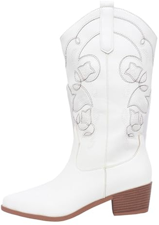 Cowboy Boots for Women Block Heel Pu Leather Mid Wide Calf Country Riding Western Wedding Shoes Ladies Cowboy Boots Size 6