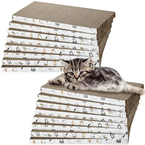 Fiwochic 16pcs Small Cat Scratching Cardboard Bulk 13.4x6x0.8 Inch Durable Cat Scratch Pad Reversible Cardboard Safe for Indoor Kitten Shelter Stray Kitten Sleep Biting Play and Grind Claws(Straight)