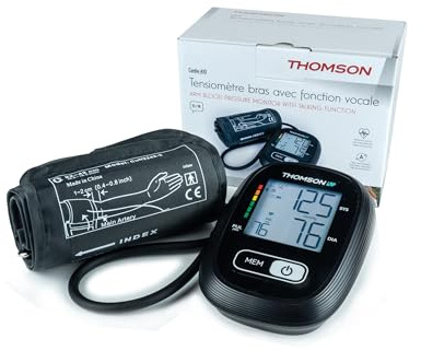 THOMSON Tensiomètre Bras Cardio A10 avec Fonction Vocale Français/Espagnol - Détection d'Arythmie - Mémoire 2 * 150 Mesures - Grand Brassard 22-42 cm - Écran LCD - Alimentation USB-C/Piles