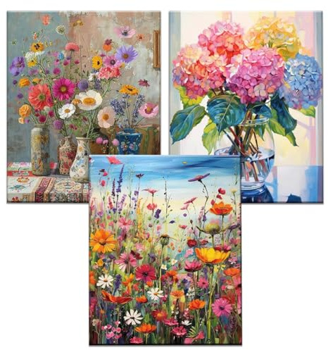 JATOK Malen nach Zahlen Erwachsene, 3er-Set, Blumengärten, 40 x 50 cm | 3 komplette Malsets mit vorgedruckten Leinwänden, Acrylfarben und Pinseln; 3 kreative Projekte für Anfänger Ohne Rahmen
