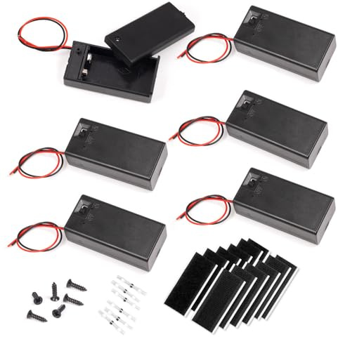 LampVPath 6PC 9V Battery Holder Enclosures with Wire Leads and On/Off Switch Lid, 9 Volt Battery Case with Hook Verclo and Solder Seal Wire Connectors