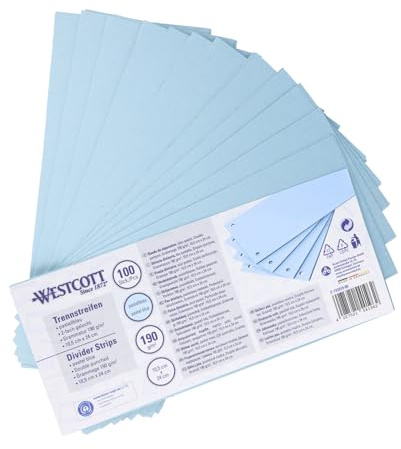 Westcott Trennstreifen 100 Stück Pastellblau | Robuste Heftstreifen 190g/m² für A4 Ordner | Trennblätter 10,5 x 24 cm | Register mit 2-fach-Lochung für DIN-A4 Dokumente | E-733319 00