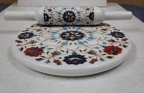 MITRAM 10-Inch Handcrafted Marble Chakla & Belan Set | Traditional Roti Rolling Board with Wooden Rolling Pin | Floral Inlay Design | Heavy Non-Slip Base | Design & Pattern May Vary