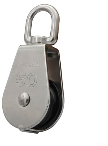 Edelstahl-Riemenscheibe 362.9 kg WLL, Einzel-Riemenscheibenblock mit 360° drehbarem Haken zum Angeln und Heben, kompatibel mit 3/8 bis 1/2 Zoll Seil, M50 Größe, Silber