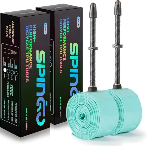 2er-Pack SPINGO TPU Schlauch Rennrad 700C 23–32C/35C-43C mit Metallventil | Ultraleicht TPU Fahrradschlauch für Rennräder und Gravel, Pannensicher TPU Rennradschlauch mit Presta Ventil 48mm/60mm/80mm