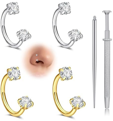 Nymora Nasenpiercing Set 18G 8mm - 4 Stück (2 Gold, 2 Silber) Nostril Piercing Ring, Rook & Tragus Piercing Schmuck, Nasenring Gold Dünn, Piercing Wechsel Set
