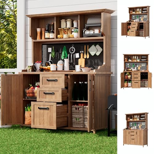 Armoire de jardin en bois massif avec 3 tiroirs et paroi perforée en métal - Armoire de rangement résistante aux intempéries pour terrasse, balcon et jardin - Petite armoire de jardin avec étagères