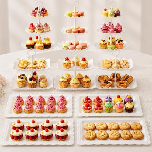 LLHONG Cake Stand Set, 2-Tier & 3-Tier Cupcake Stands & Appetizer Trays | White Afternoon Tea Stands | Round Tiered Cake Stand | for Birthday Wedding Graduation Party