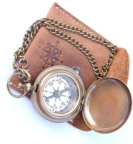 Neovid Kompass an Kette mit Lederetui, handgefertigt, aus Messing, Taschenkompass, Geschenk