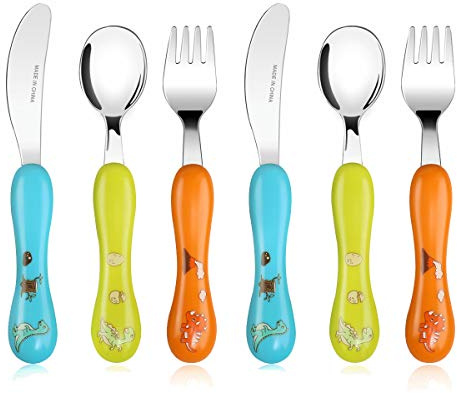 Lehoo Castle Toddler Cutlery Set, 6-Piece Stainless Steel, Dinosaur | 304 Stainless Steel, Easy-Grip ABS Handles, Rounded Edges, Self-Feeding Practice, Fun Character Designs