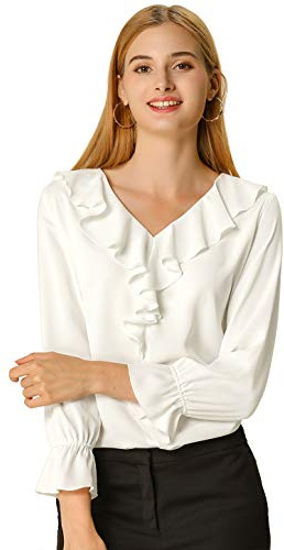 Allegra K Camicetta da donna con volant per lavoro d'affari elegante scollo a V manica lunga casual elegante top, bianco, S