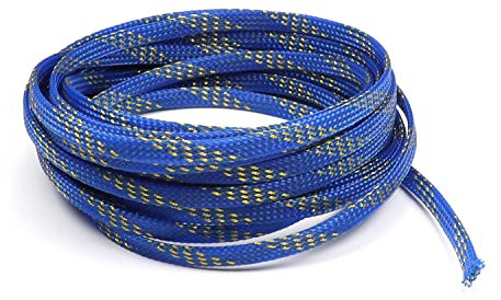 Othmro 5 m langer, dehnbarer PET-Geflecht-Kabelschlauch, flexible Drahtgeflechthülse, Blau / Gold, Kabelmanagement für Zuhause und Büro