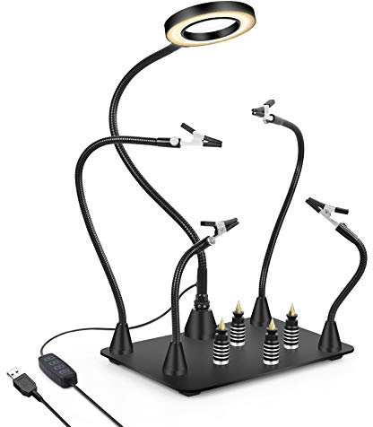 Magnetische helfende Hand, lötende Dritte Hände mit 3X LED Lupenlampe, 4 PCB Säulen Leiterplattenhaltermit mit Flexible Metallarme Elektronisches Reparaturwerkzeug l (Lötstation mit Lampe)