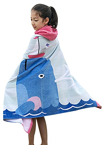 BANGSAUR Kinder-Badetuch mit Kapuze, 100% Baumwolle, 127x 76cm Wickel, Kinder, Kleinkinder, Mädchen, Jungen, 3–12 Jahre (Delfin mit Segelboot)