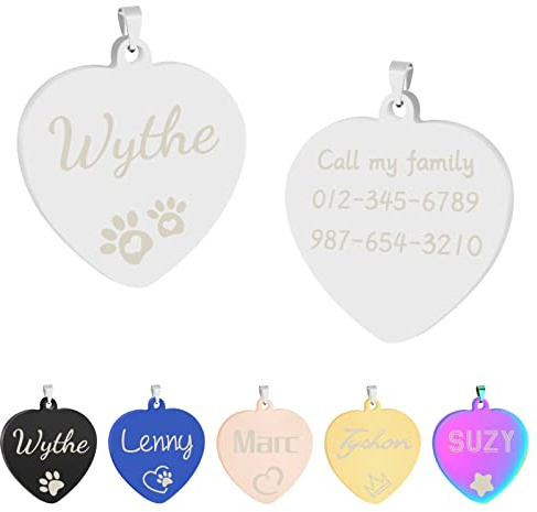 Uiopa 2 Stücke Hundemarke mit Gravur, Herz Hundemarke Personalisiert, Adressanhänger Hund und Katze Namensschild, Anhänger mit Gravur für Hunde Katzen (Silber, Klein)