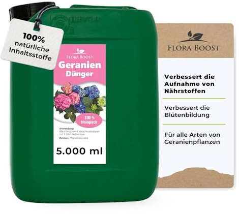 Konfitee Geranien Dünger Flora Boost 5000ml I Für bis zu 1000L Gießwasser I Blumendünger für Balkon- & Gartenpflanzen I Flüssiger Blatt- & Wurzeldünger I 100% natürlicher Pflanzendünger