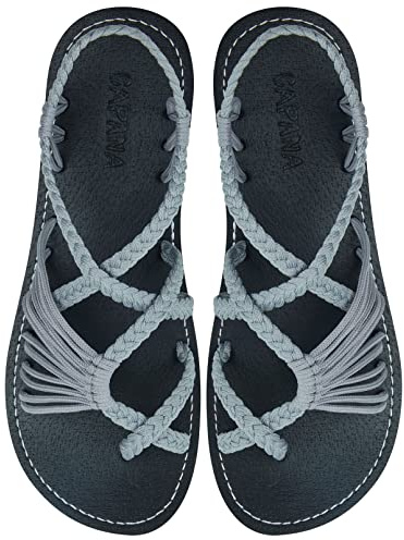 Capana Gewebte flache Damen-Sandalen – geflochtene Riemchensandalen, Strandsandalen für Damen, eleganter Sommer, Seil, Bohemian-Sandalen, Frühling, lässige Damenschuhe, bequeme Boho-Flats für