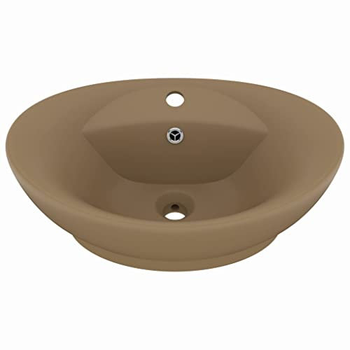 Waschbecken Oval Aufsatzwaschbecken für das Badezimmer und Gäste-WC, Waschschale mit Hahnloch und Überlauf, Aufsatzbecken Handwaschbecken, Matt Creme 58,5x39cm Keramik