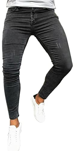 Onsoyours Vaqueros Rasgados de Hombre Skinny Denim Jeans Vintage Pantalone con Cremallera Jóvenes Moda Elasticos Agujero Pantalón Largo Vaqueros Ajustados C Negro L