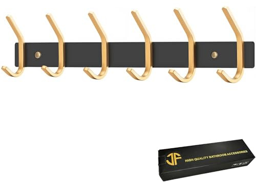 JOLY FANG Kleiderhaken Wand, Garderobenhaken Schwarz Wandgarderobe Edelstahl Hakenleiste Garderobenleiste für Garderobe Bad Küche (Schwarz+Gold, 6 Haken)
