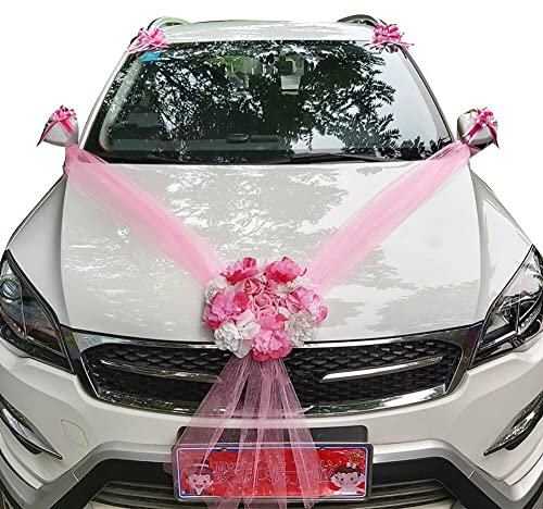 Uposao Autoschmuck Hochzeit, Rose Hochzeitsdeko Girlande Motorhaube Hochzeitsauto Deko Romantische Atmosphäre Hochzeitsdeko Braut Paar Auto Wedding Deko Blumenschmuck Hochzeitsschmuck,Rosa Weiss