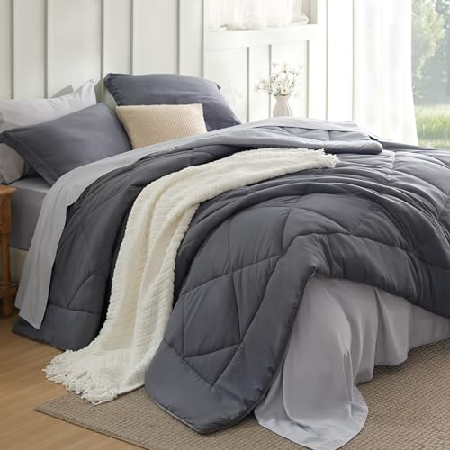 Bedsure Queen Comforter Set - 7 Pieces Reversible Dark Grey Bedding, Queen Size Bed Set for All Seasons, Bed in a Bag with Down Alternative Comforter, Sheets, Pillowcases & Shams