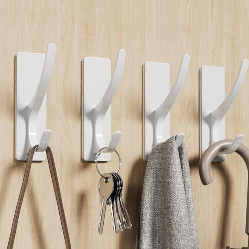 pickpiff Self Adhesive Hooks, Sticky Hooks Extra Sturdy, Hanging up to 6KG, Metal Stainless Heavy Duty Stick on Wall Door, for Towel Coat Hat Purse in Bathroom Shower Kitchen, White, 4 Pack