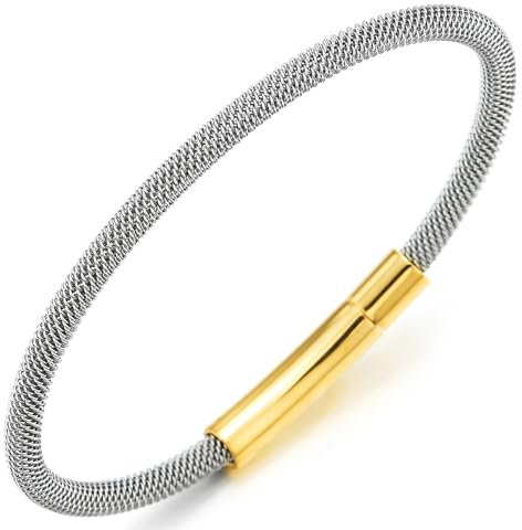 COOLSTEELANDBEYOND Edelstahl Gitter Draht Armreif Armband für Herren Damen, Goldfarben Federringverschluss