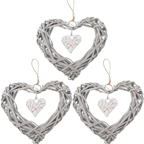 Ciieeo 3Pcs Wicker Heart Shaped Pendant Hanging Hearts Decorations for Wall Wedding Birthday Party Home Decor with Rope 8 Inch Double Heart Design
