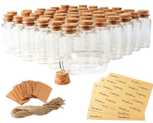 AerWo 32PCS 40ml Small Glass Bottles with Cork Lids, Potion Bottles with Cork Tags and Hemp Ropes, Spell jars Mini Glass Jars with Lids for Party Weddings Baby Shower Favors Crafts Home Decorations
