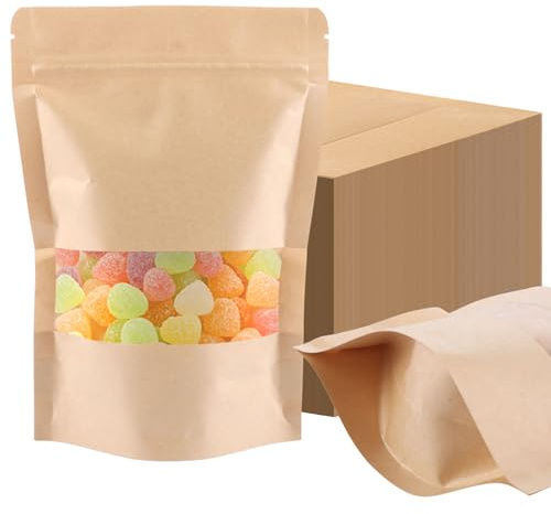 FWEEK 200 Sachets Kraft Alimentaire avec Fenêtre, Sac Craft Réutilisable 14x20cm pour Nourriture, Thé, Café, Snacks - Étanche et Résistant