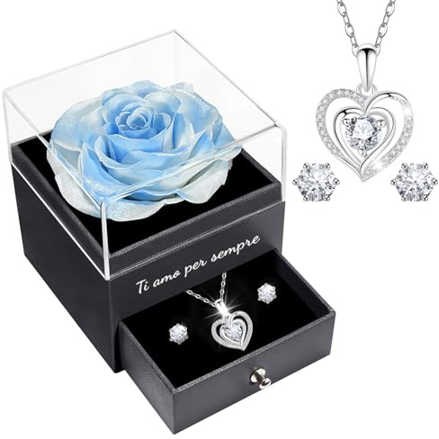 Sunia Amour Cadeau Noël pour Femme&Amie&Maman&Mamie, Vraie Rose Eternelle avec Bijoux, Ti amo per Sempre avec Coeur Collier pour Anniversaire Noël Saint Valentin Fête des Mères