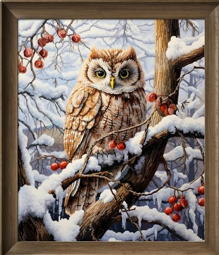 Leczany Kreuzstich-Set zum Selbermachen: komplettes Sortiment an vorgedruckten Startersets für Anfänger – Eule im Schnee 36x42cm