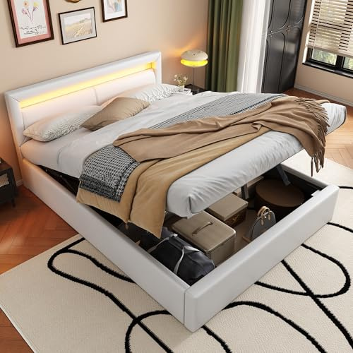 LATICO Polsterbett Doppelbett 140x200 mit Stauraum Unterbett, Bett mit LED-Kopfteil, Stauraumbett Bettgestell mit Holz Lattenrost, Jugendbett Rückenlehne Bett, Ohne Matratze, Kunstleder (Weiß)