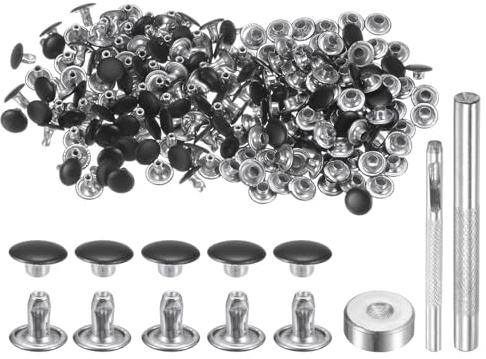 QUARKZMAN 100 Sets 8mm x 6mm Leder Nieten, Metall Doppelkappe Nieten Tubular Runde Druckknöpfe mit 3 Stück Werkzeugen für Handwerk Reparatur Dekoration Gürtel Kleidung (Mattschwarz)