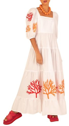 Women Puff Sleeve Long Dress Floral Embroidery Smocked Square Neck Backless Flowy Dresses Boho Swing A Line Tiered Midi Dress (Ivory, XL)