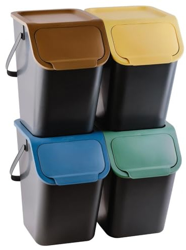Practic Satz Sortierbehälter 4x25 l Bini Praktisches Behälterset, Polypropylen, zum Trennen, mit farbigem Deckel - gelb/grün/blau/braun, Bini