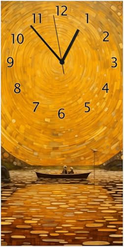 Wallario Design-Wanduhr Goldene Flussfahrt aus Glas, Motiv-Uhr Größe 30 x 60 cm, Schwarze Zeiger