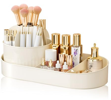 Make up Organizer mit 360° Drehendem Make up Pinsel Halter Makeup Organizer Aufbewahrung Kosmetikbox Multifunktionale Kosmetikaufbewahrung für Frisiertisch Bad und Schlafzimmer