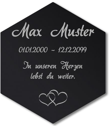 Paule Black Personalisierter Sechseck Grabschmuck mit Text Gravur - Acrylglas Schwarz Hochglanz 260 x 300 mm - wetterfest und wasserfest für Draußen und Innen, für Opa, Oma, Mama, Papa und Verstorbene