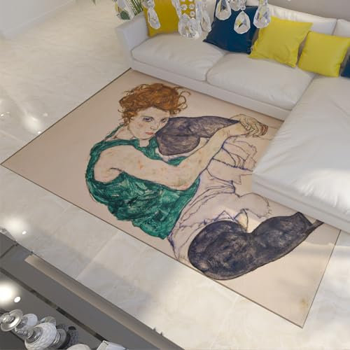 LANDERSION Egon Schiele Indoor Teppich Sitzende Frau Beine Drawn Up Area Teppiche Hell waschbar Großer weicher Niederflorteppich für unter Esstisch 80x120cm