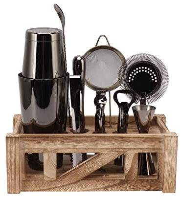 Aladeno Juego de coctelera, kit de barman, apto para lavavajillas, juego de coctelera de acero inoxidable a prueba de herrumbre con soporte de madera, juego de herramientas para
